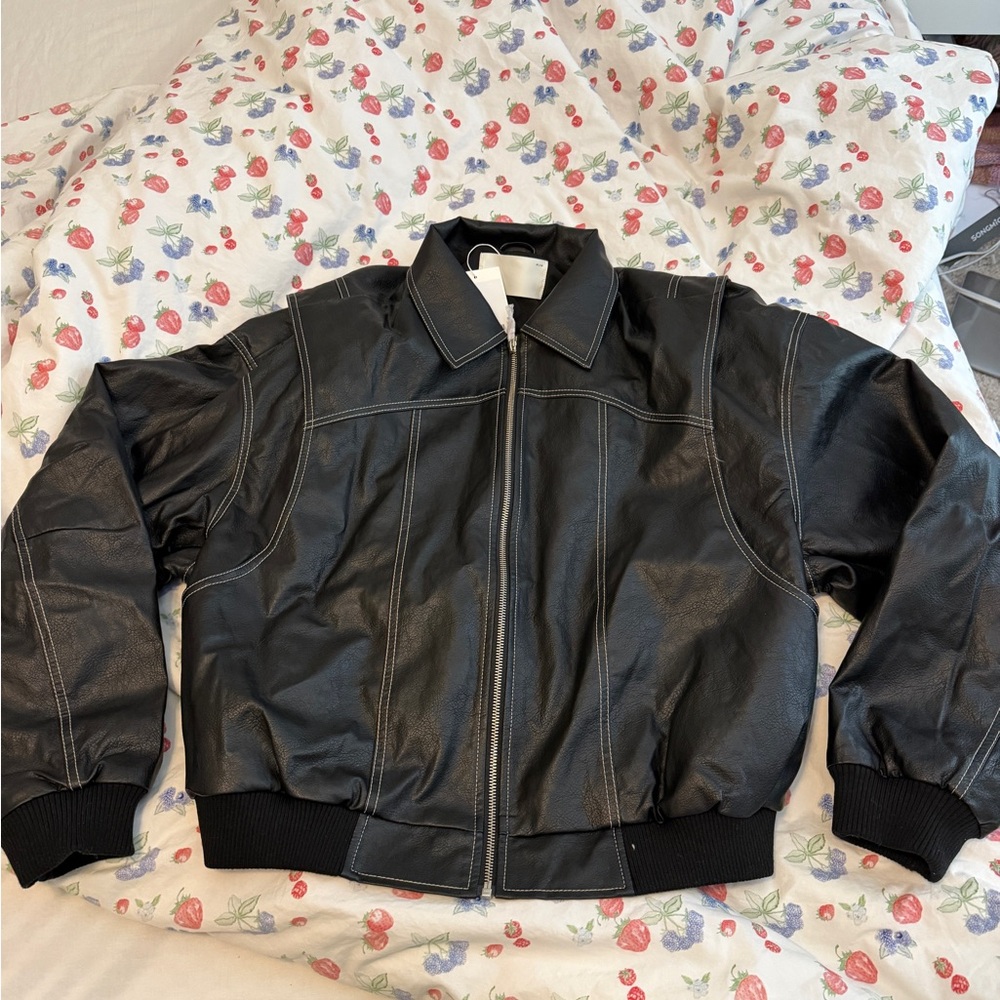 Oak + Fort Vegan Leather Bomber Jacket with contrast stitching